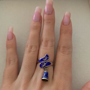 Vintage 925 Thai Sterling Silver Blue Enamel Wrap Ring with Dangle Charm Size 6